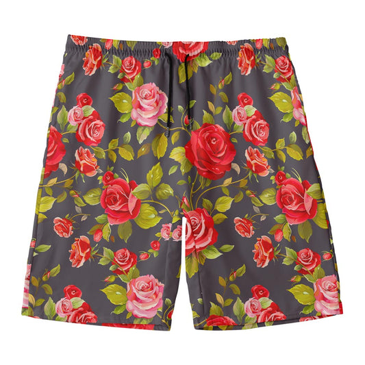 Pink Red Rose Floral Pattern Print Men's Swim Trunks