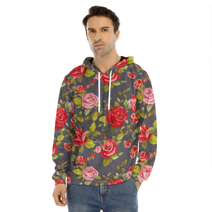 Pink Red Rose Floral Pattern Print Men's Velvet Pullover Hoodie
