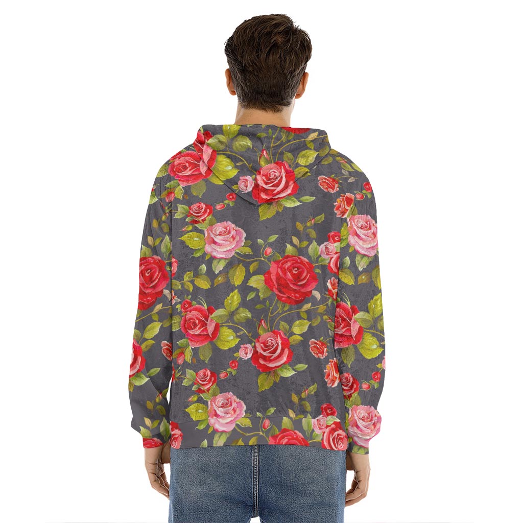 Pink Red Rose Floral Pattern Print Men's Velvet Pullover Hoodie