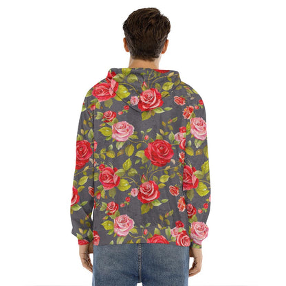 Pink Red Rose Floral Pattern Print Men's Velvet Pullover Hoodie