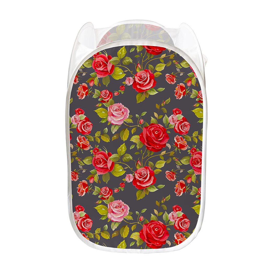Pink Red Rose Floral Pattern Print Mesh Laundry Hamper
