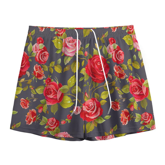 Pink Red Rose Floral Pattern Print Mesh Shorts