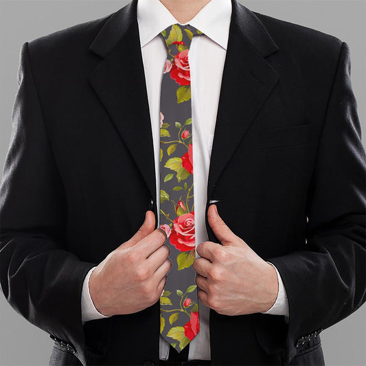 Pink Red Rose Floral Pattern Print Necktie