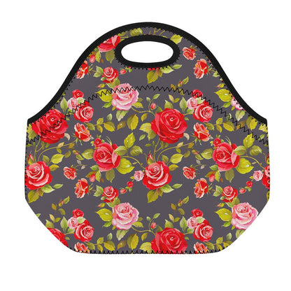 Pink Red Rose Floral Pattern Print Neoprene Lunch Bag