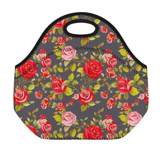 Pink Red Rose Floral Pattern Print Neoprene Lunch Bag