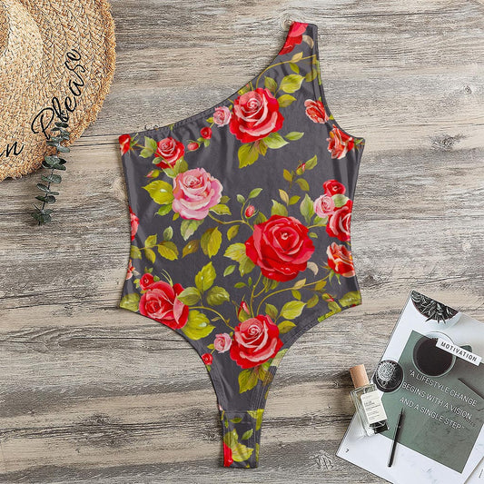 Pink Red Rose Floral Pattern Print One Shoulder Bodysuit