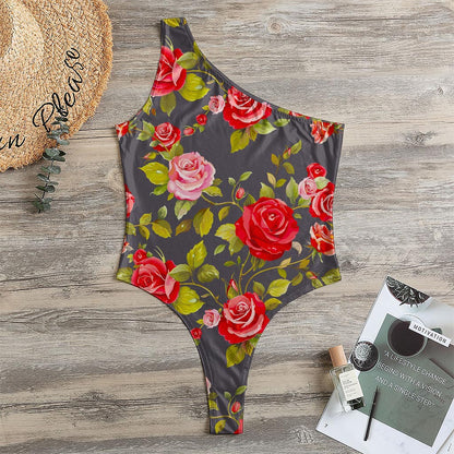 Pink Red Rose Floral Pattern Print One Shoulder Bodysuit