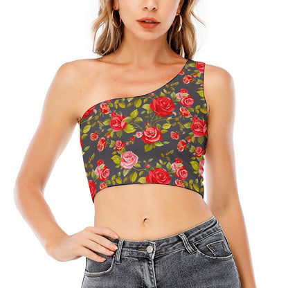 Pink Red Rose Floral Pattern Print One Shoulder Crop Top