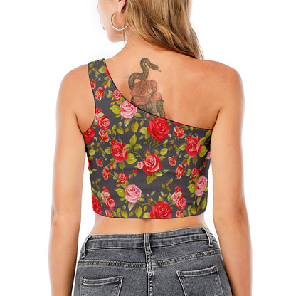 Pink Red Rose Floral Pattern Print One Shoulder Crop Top