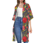 Pink Red Rose Floral Pattern Print Open Front Beach Cover Up