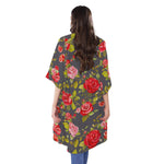 Pink Red Rose Floral Pattern Print Open Front Beach Cover Up