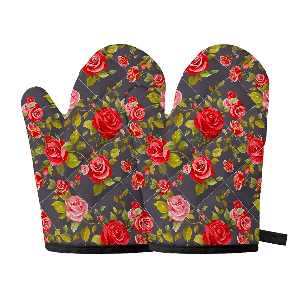Pink Red Rose Floral Pattern Print Oven Mitts