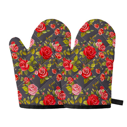 Pink Red Rose Floral Pattern Print Oven Mitts