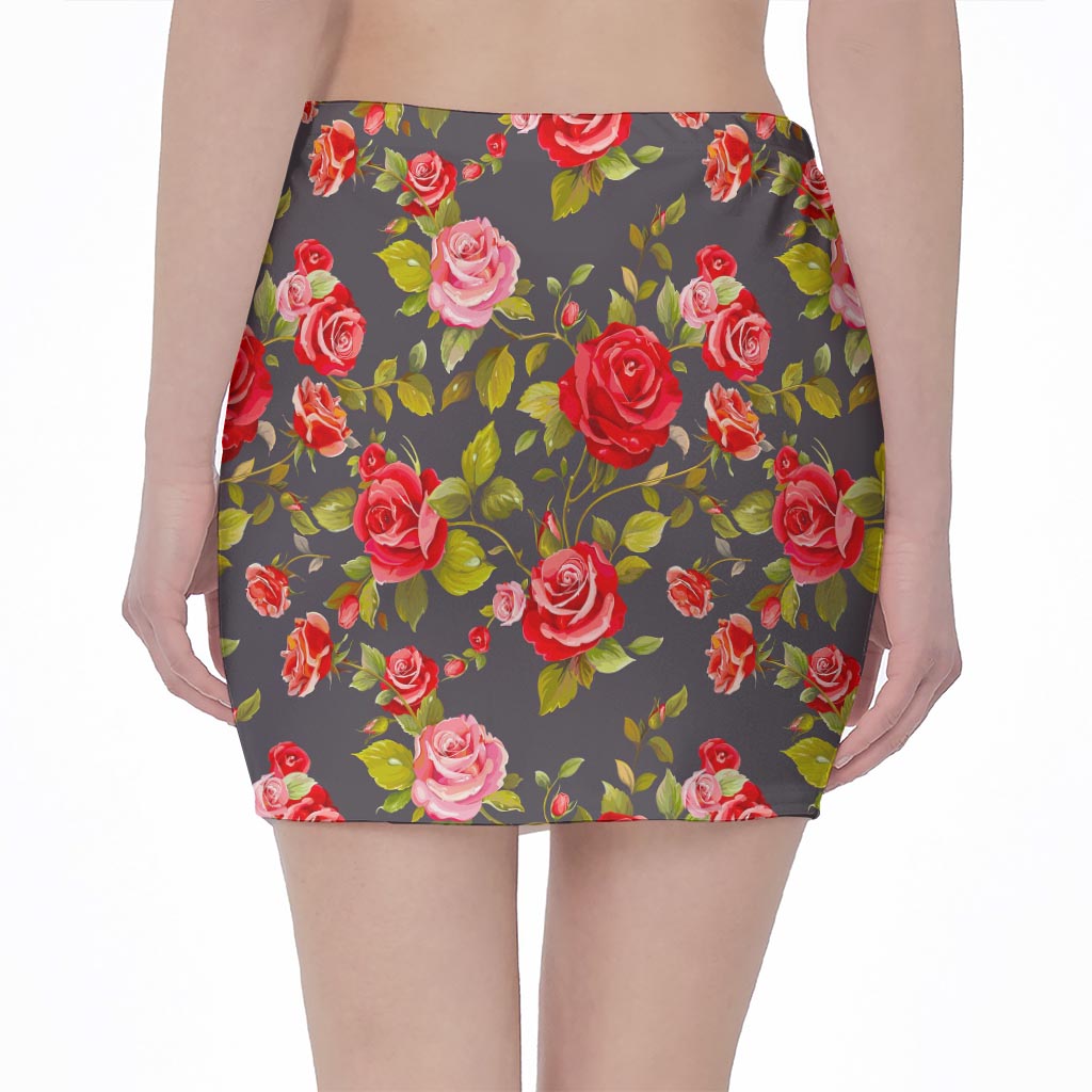 Pink Red Rose Floral Pattern Print Pencil Mini Skirt