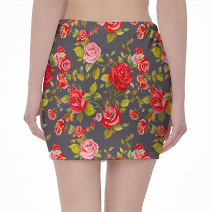 Pink Red Rose Floral Pattern Print Pencil Mini Skirt