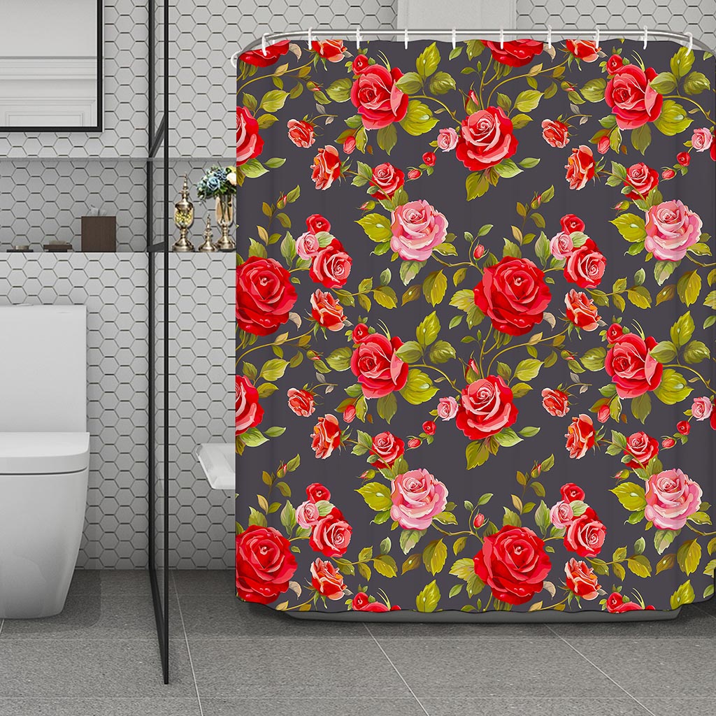 Pink Red Rose Floral Pattern Print Polyester Shower Curtain