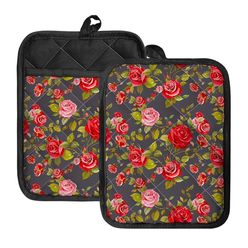 Pink Red Rose Floral Pattern Print Pot Holders With Pocket