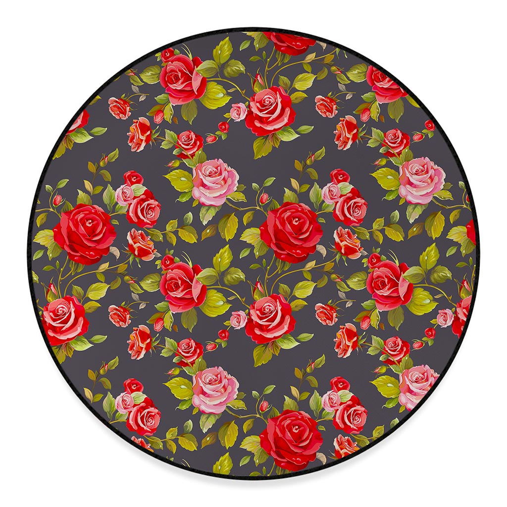 Pink Red Rose Floral Pattern Print Round Floor Mat