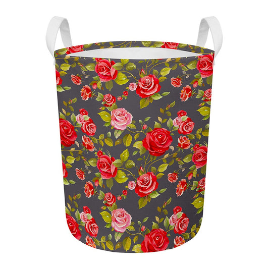 Pink Red Rose Floral Pattern Print Round Laundry Basket