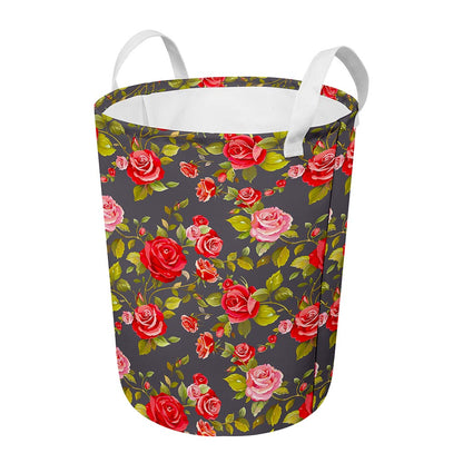 Pink Red Rose Floral Pattern Print Round Laundry Basket