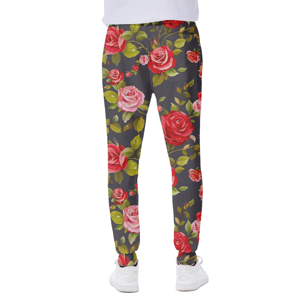 Pink Red Rose Floral Pattern Print Scuba Joggers