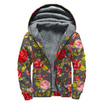 Pink Red Rose Floral Pattern Print Sherpa Lined Zip Up Hoodie