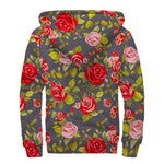 Pink Red Rose Floral Pattern Print Sherpa Lined Zip Up Hoodie