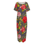 Pink Red Rose Floral Pattern Print Short Sleeve Long Nightdress