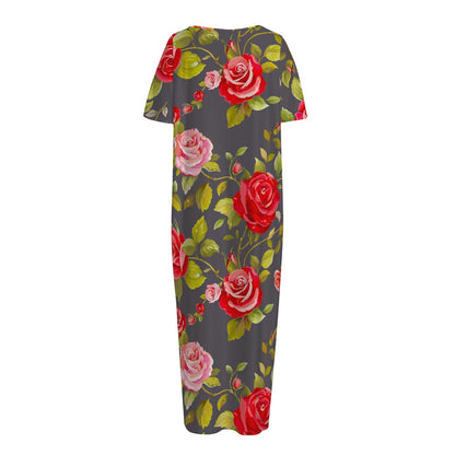 Pink Red Rose Floral Pattern Print Short Sleeve Long Nightdress