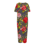 Pink Red Rose Floral Pattern Print Short Sleeve Long Nightdress