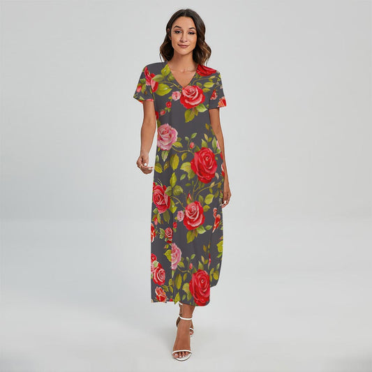 Pink Red Rose Floral Pattern Print Short Sleeve Maxi Dress