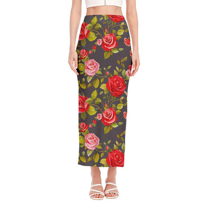 Pink Red Rose Floral Pattern Print Side Slit Maxi Skirt