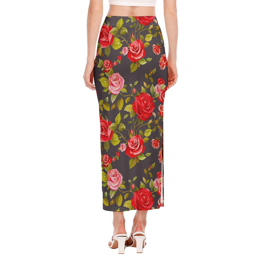 Pink Red Rose Floral Pattern Print Side Slit Maxi Skirt