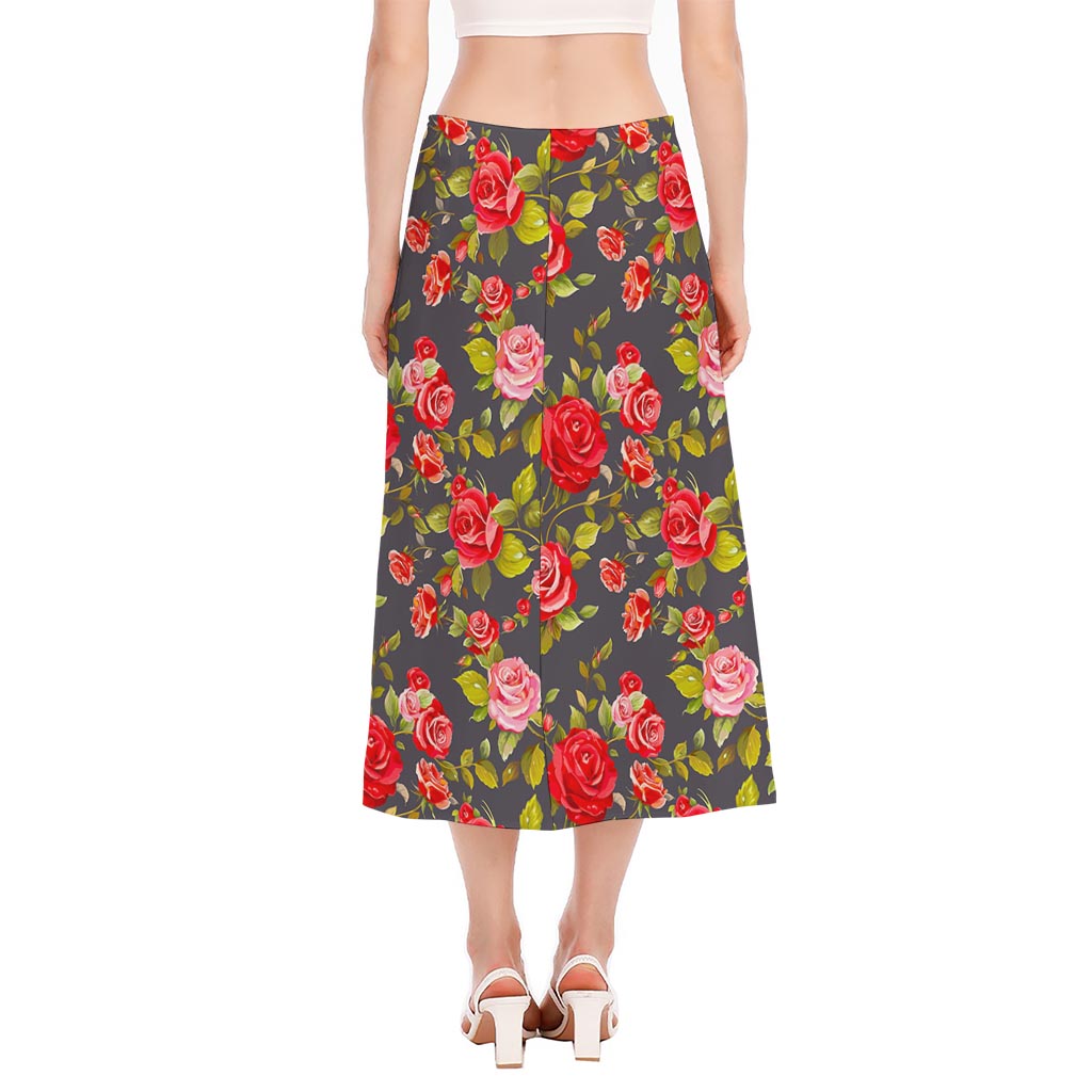 Pink Red Rose Floral Pattern Print Side Slit Midi Skirt