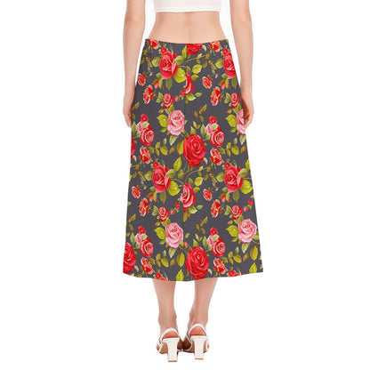 Pink Red Rose Floral Pattern Print Side Slit Midi Skirt