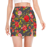 Pink Red Rose Floral Pattern Print Side Slit Mini Skirt