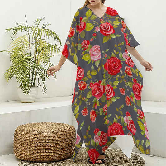 Pink Red Rose Floral Pattern Print Silk V-Neck Kaftan Dress