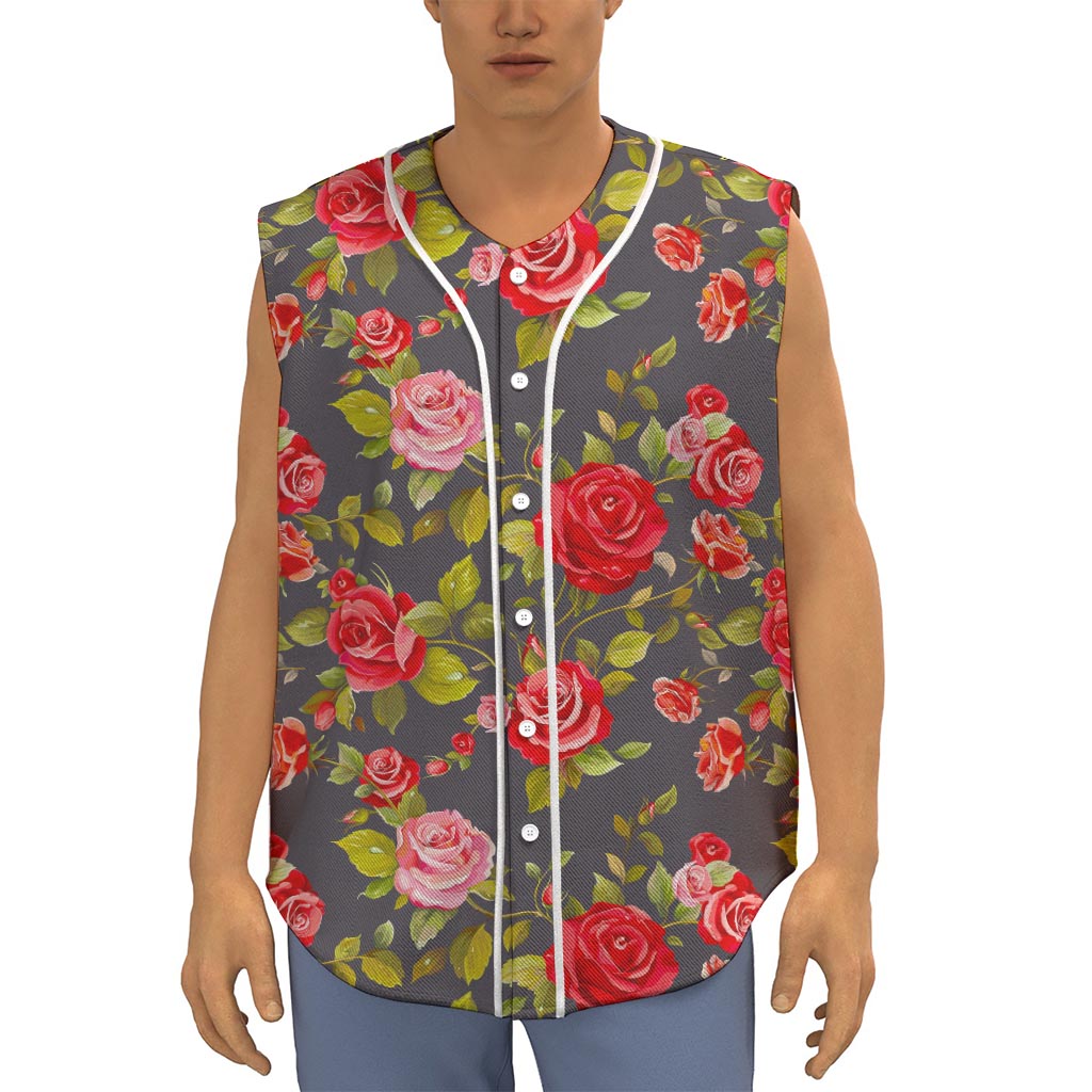 Pink Red Rose Floral Pattern Print Sleeveless Baseball Jersey