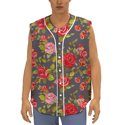 Pink Red Rose Floral Pattern Print Sleeveless Baseball Jersey