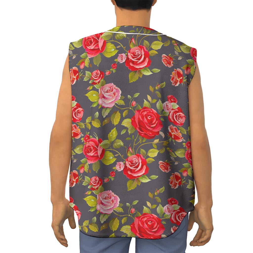 Pink Red Rose Floral Pattern Print Sleeveless Baseball Jersey
