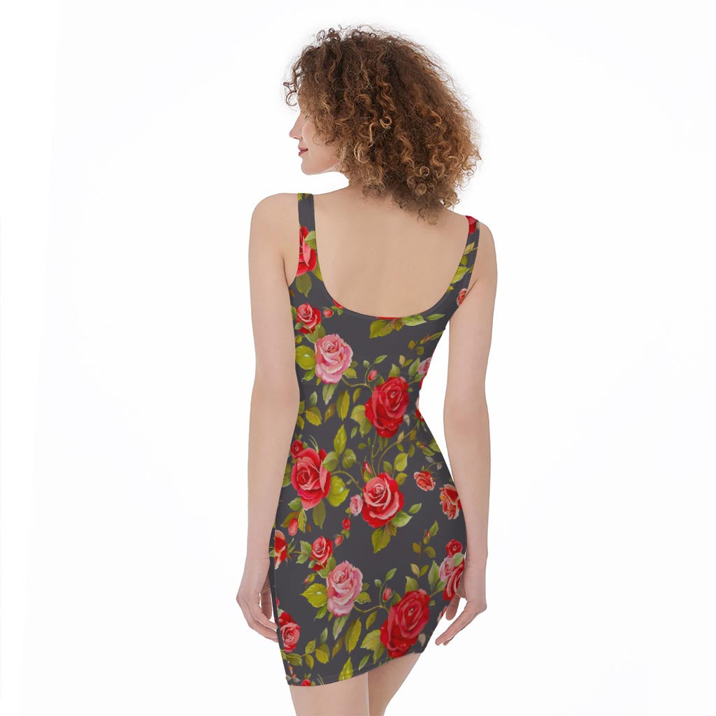 Pink Red Rose Floral Pattern Print Sleeveless Bodycon Dress