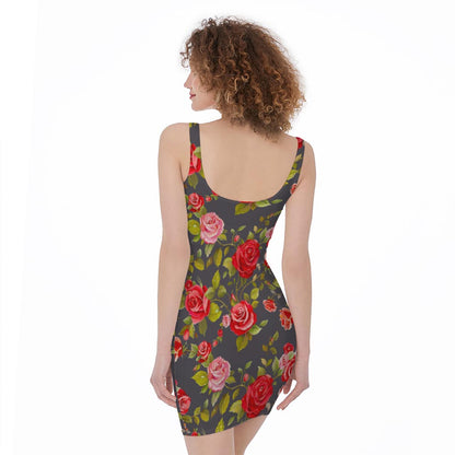 Pink Red Rose Floral Pattern Print Sleeveless Bodycon Dress