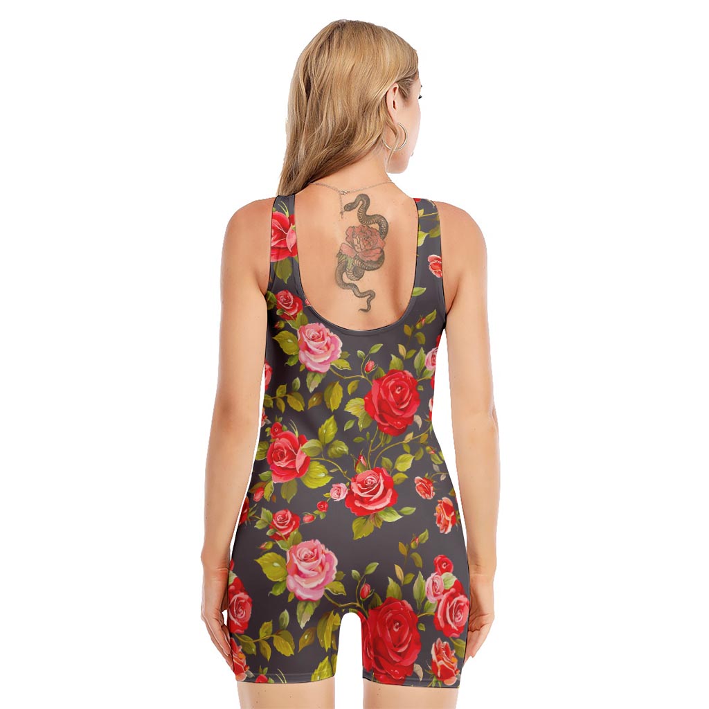 Pink Red Rose Floral Pattern Print Sleeveless One Piece Swimsuit
