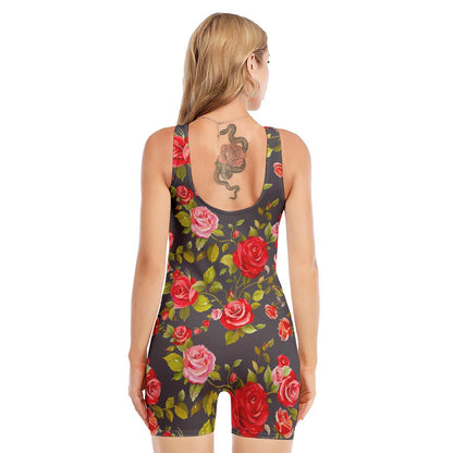 Pink Red Rose Floral Pattern Print Sleeveless One Piece Swimsuit
