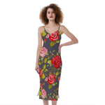 Pink Red Rose Floral Pattern Print Slim Fit Midi Cami Dress