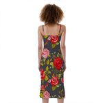 Pink Red Rose Floral Pattern Print Slim Fit Midi Cami Dress