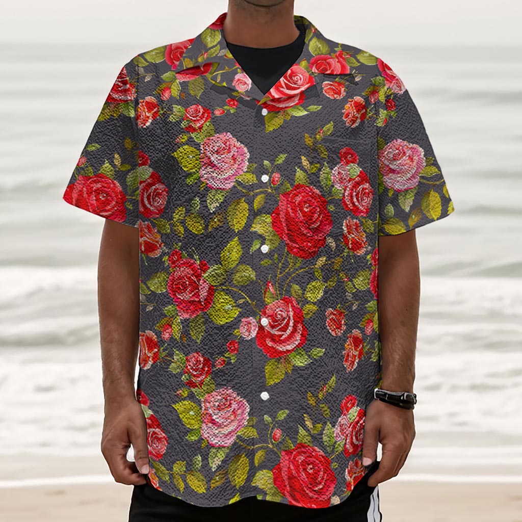 Pink Red Rose Floral Pattern Print Textured Short Sleeve Shirt