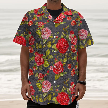 Pink Red Rose Floral Pattern Print Textured Short Sleeve Shirt