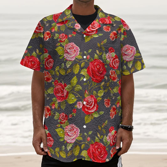 Pink Red Rose Floral Pattern Print Textured Short Sleeve Shirt