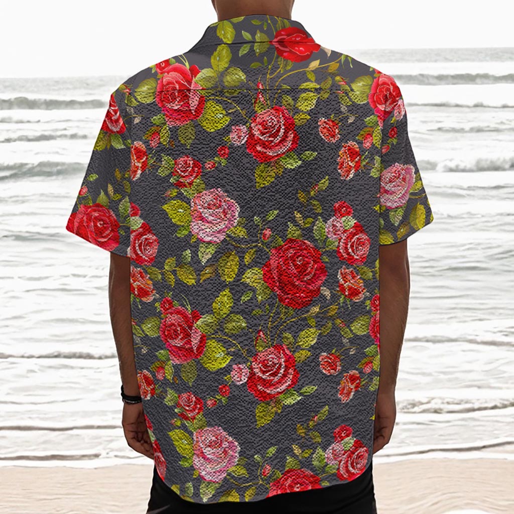 Pink Red Rose Floral Pattern Print Textured Short Sleeve Shirt